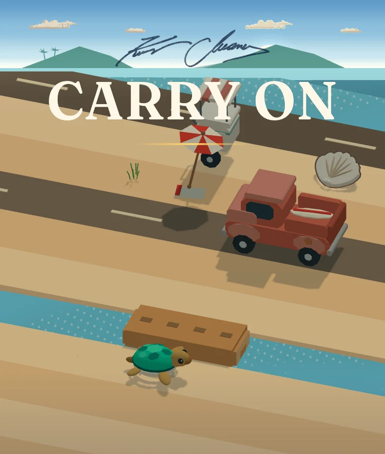Carry On title above a coastal road with a pickup truck, beach cart, and turtle.