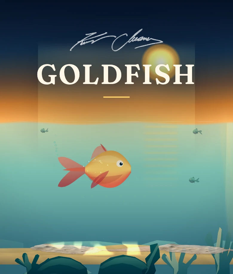 Goldfish title above a goldfish swimming under a sunset horizon.